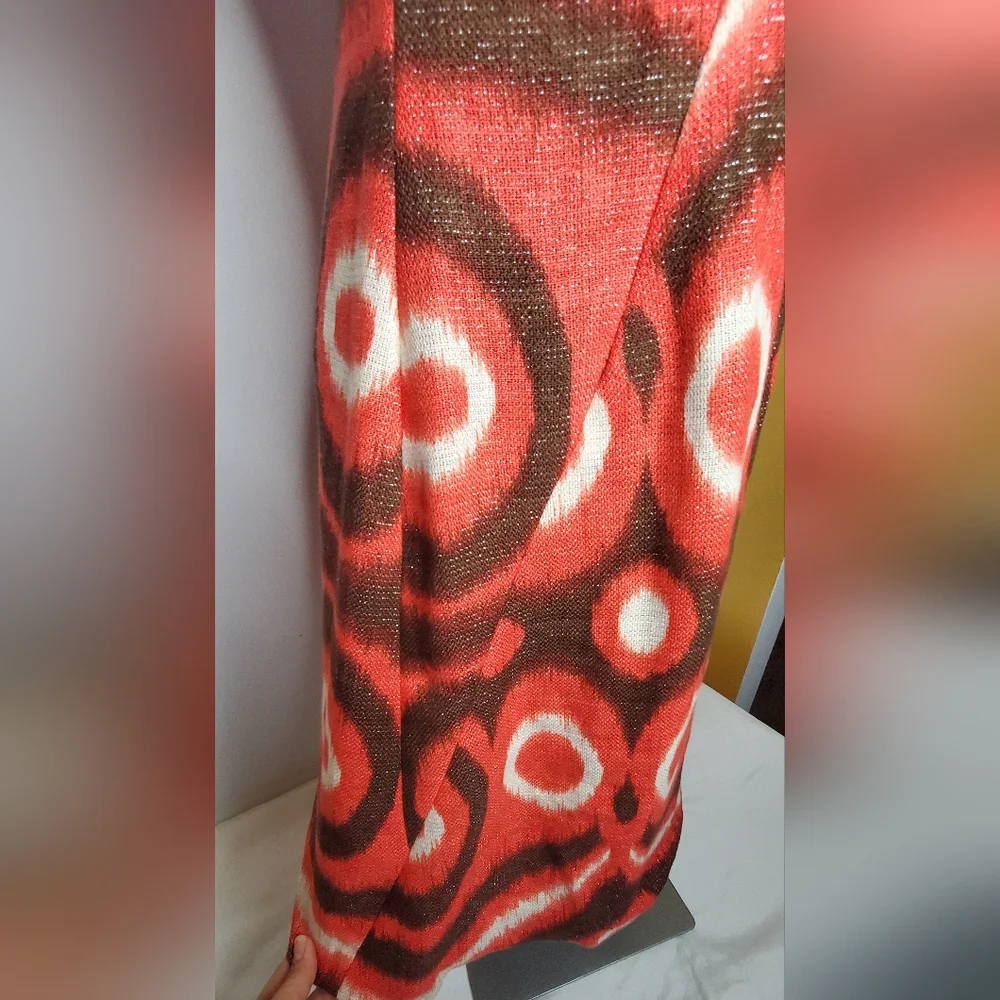 Tory Burch Size 4 Linen Dress Orange/Red Metallic Shimmer and Brown Patterned - Picture 8 of 10